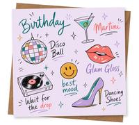Birthday Card for Her, Disco Ball Party Design with Martini, Glam Lips, Record Player and Dancing Shoe, Fun Cute Greeting