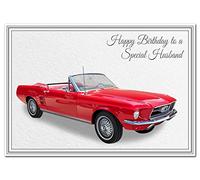 Birthday Card for Husband - Classic Car Vintage - Happy Best Wishes for him - Cool Unique Vector Art - Special Male Greeting - Blank Inside - Unusual 1960s American Mustang - Made in UK
