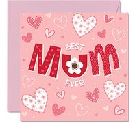 Birthday Card for Mum - Best Mum Ever - Cartoon Love Heart Happy Birthday Mother's Day Card from Son Daughter, 145mm Beautiful Mothers Day Greeting Cards for Mummy Mama Mam Mammy Mom Mommy
