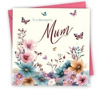 Birthday Card for Mum. Butterflies & Flowers Design with Gold Foiled text. 150x150mm supplied with Envelope. Eco-friendly. Message inside. Made in Britain.