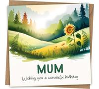 Birthday Card for Mum - Floral Landscape Design - Wishing you a Wonderful Birthday - With Kraft Envelope