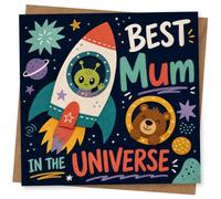 Birthday Card for Mum, Rocket Alien & Bear Universe | Playful space artwork with rocket, cute alien and bear, plus bold “Best Mum in the Universe” lettering.