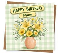 Birthday Card for Mum, Yellow Lilies, Daisies, Gingham | Bright "Happy Birthday Mum" card with a yellow lily and daisy bouquet in a terracotta vase on a pastel green check