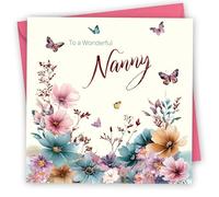Birthday Card for Nanny. Butterflies & Flowers Design with Gold Foiled text. 150x150mm supplied with Envelope. Eco-friendly. Message inside. Made in Britain.