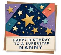Birthday Card for Nanny, Gold Stars, Superstar Message | Star-filled geometric design with gold stars and big birthday wording: “Happy Birthday to a Superstar Nanny”.