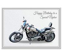 Birthday Card for Nephew - Classic Motorbike Biker - Special Unique Unusual - Cool Vector Art - Adult or Teenage Happy Bday - Best Good Wishes - Quality Greeting - Blank Inside - Made UK