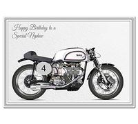 Birthday Card for Nephew- Classic Motorbike Biker - Special Unique Unusual - Cool Vector Art - Adult or Teenage Happy Bday - Greeting - Blank inside - 1950's Norton Manx-500cc - Made UK