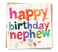 Birthday Card for Nephew from Aunt, Uncle - Colourful Playful Wishes | for Boy, Kids, Teen, Godson, Him, Young Man - Bright Painted Letters, Splatter Art - Blank Inside, with Envelope
