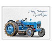 Birthday Card for Nephew - Tractor Design - Special Farm Farming Farmers Greeting - Happy Best Wishes - Cool Unique Vector Art - Blank Inside - Unusual 1960s Super Dexta - Made in UK