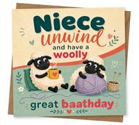 Birthday Card for Niece, Cute Sheep and Woolly Baathday Pun | Fun “woolly great baathday” pun with two woolly sheep, a steaming mug and a big ball of yarn-addressed to Niece.