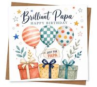 Birthday Card for Papa, Balloons, Stars & Gift Boxes | Three patterned balloons and ribboned presents with star confetti, reading ‘Brilliant Papa’ and ‘Happy Birthday’.