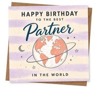 Birthday Card for Partner, Globe & Starry Space Artwork | Lovely starry space-inspired globe design, featuring “Happy Birthday to the Best Partner in the World” on the front.