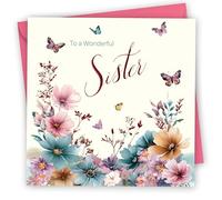 Birthday Card for Sister. Butterflies & Flowers Design with Gold Foiled text. 150x150mm supplied with Envelope. Eco-friendly. Message inside. Made in Britain.