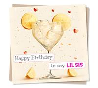 Birthday Card for Sister - Gin Lover - Little, Younger - from Sibling | from Brother, for Sis, Step-Sister, Half-Sister - Cocktail, Drinking, Lemon - Blank Inside, with Envelope