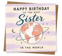 Birthday Card for Sister, Globe & Space-Themed Stars | Playful globe and space-themed stars with the message “Happy Birthday to the Best Sister in the World” on the front.