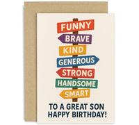 Birthday Card For Son - Illustrated Signpost Design - Funny Brave Kind Generous Strong Handsome Smart - Humorous Card For Him - Blank Inside With Envelope
