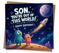 Birthday Card for Son, Out of This World Space | Features ‘Son, you’re out of this world! Happy Birthday!’ with playful aliens, a rocket and a moonlit space sky.