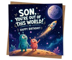 Birthday Card for Son, Out of This World Space | Features ‘Son, you’re out of this world! Happy Birthday!’ with playful aliens, a rocket and a moonlit space sky.