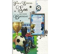 “Birthday Card for Son with Keepsake Message Card - Football Themed Son Birthday Card, Special Son Birthday Gift Card with Trophy, Boots & Ball Design”