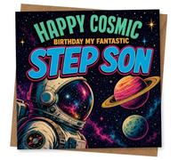 Birthday Card for Step Son, Happy Cosmic Astronaut | Bold space design with astronaut helmet, planets and stars, featuring the words “Happy Cosmic Birthday My Fantastic Stepson”.