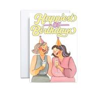 Birthday Card for women, ladies. "The Happiest of Birthdays" featuring Two Laughing Ladies with Champagne.