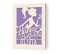 Birthday Card Girl Personalised Girl Birthday Cards Gifts for Sister Kids Niece Daughter Happy Birthday Card Laser Paper Cut Card with Any Name & Age for 1st 3rd 4th 5th 6th 7th 18th(Lilac Purple)
