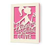 Birthday Card Girl Personalised Girl Birthday Cards Gifts for Sister Kids Niece Daughter Happy Birthday Card Laser Paper Cut Card with Any Name & Age for 1st 3rd 4th 5th 6th 7th 18th(Fuchsia)