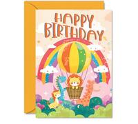Birthday Card Girls Boys - Hot Air Balloon Rainbow - Happy Birthday Card for Girl Boy Kids, A5 Bday Animal Greeting Cards