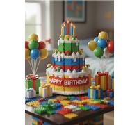 BIRTHDAY CARD INSPIRED BY LEGO WITH BIRTHDAY BALLOONS AND A BIRTHDAY CAKE MADE FROM BUILDING BLOCKS