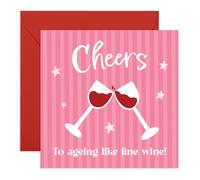 Birthday Card Jokes - 'Cheers to Ageing Like Fine Wine!' - Stripes & Red Wine Illustration - Fun Birthday Greeting for Women, Mum, Sister, Friend, Wife, Husband, Him, Her - Includes Fun Stickers