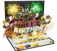 Birthday Card, Musical Pop Up Birthday Cards w Firework Lights, Blow Out LED Light Candle & Play Happy Birthday Music Pop Up Card, Greeting Cards Gifts for Him or Her, Black Gold (Blowable Candle)