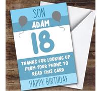 Birthday Card Personalised 18th Son Looking Up From Phone Blue Balloons | Custom Card Personalised Cards, For Son, For Teenagers, Him, Milestone Birthdays, Birthday, 18th