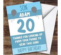 Birthday Card Personalised 20th Son Looking Up From Phone Blue Balloons | Custom Card Personalised Cards, For Son, For Him, Milestone Birthdays, Birthday, 20th