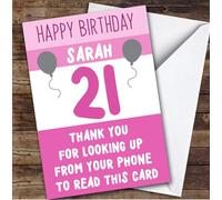 Birthday Card Personalised 21st Female Looking Up From Phone Pink Balloons | Custom Card Personalised Cards, For Anyone, For Her, Milestone Birthdays, Birthday, 21st