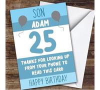 Birthday Card Personalised 25th Son Looking Up From Phone Blue Balloons | Custom Card Personalised Cards, For Son, For Him, Birthday, 25th