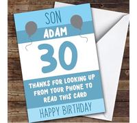 Birthday Card Personalised 30th Son Looking Up From Phone Blue Balloons | Custom Card Personalised Cards, For Son, For Him, Milestone Birthdays, Birthday, 30th