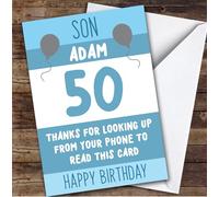 Birthday Card Personalised 50th Son Looking Up From Phone Blue Balloons | Custom Card Personalised Cards, For Son, For Him, Milestone Birthdays, Birthday, 50th