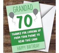 Birthday Card Personalised 70th Grandad Looking Up From Phone Green Balloons | Custom Card Personalised Cards, For Grandad, For Him, Milestone Birthdays, Birthday, 70th