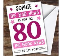 Birthday Card Personalised 80th Female Good News Funny Pink | Custom Card Personalised Cards, For Anyone, For Her, Funny, Milestone Birthdays, Birthday, 80th
