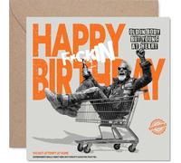 Birthday Card - Rebellious Birthday Antics - Older Gent Riding a Shopping Trolley, Bold Orange and Black Humour - 145mm Square, Envelope Included