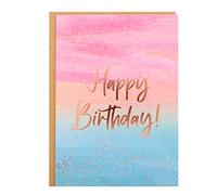 Birthday Card - Single Happy Birthday Greeting Card with Rose Gold Foil Sprinkles and Lettering on Ombre Blue Yellow Pink Textured Paper with Kraft Envelope - 5" x 7" - Blank Inside
