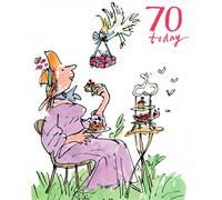 Birthday Card (WDM8999) 70th Birthday - Quentin Blake - Lady Having Cake In Garden