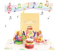 Birthday Card with Blowable Candle, 3D Pop Up Cake, Music and Light Effects, Greeting Card with Envelope, Birthday Gift for Him Her Kids Parents (Gold)
