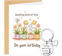 Birthday Card with Cute Potted Plants, Sending Pots of Love Greeting Card and Keychain with Envelope and Pouch, Fun and Healing Birthday Gifts for Women Men