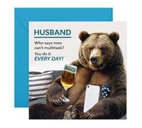 Birthday Card with Jokes For Him - 'Multitask Bear Husband' - Funny Gift for Spouse, Married Couples, Mr, Men, Babe - Watch TV, Drinking & Phone - Comes with Fun Stickers