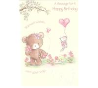 Birthday Card with Teddy Bear and Kitten Design, Pink and Purple Floral Pattern, 13 x 19 cm, Scalloped Edges, Heart Balloons, Pastel Colours, Special Occasion Greeting Card for Women and Girls
