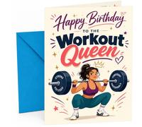 Birthday Card Workout Queen Weightlifting Girl with Barbell | Large A5 Card with Printed Inside Message; Bold gym-themed with a barbell-lifting woman, crown and playful stars for Birthday