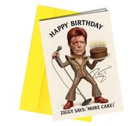 Birthday Card - Ziggy Stardust Caricature with Reproduction Printed Autograph | Glam Rock Memorabilia, Funny Birthday Present for Bowie Fans No1955