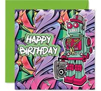 Birthday Cards for Boys Men - Wicked Graffiti Robot - Happy Birthday Card for Son Uncle Brother Cousin Friend, 145mm Bday Greeting Cards