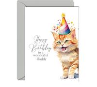 Birthday Cards for Daddy - Party Hat Cat Kitten - Happy Birthday Card for Daddy from Son Daughter, A5 Bday Gifts Greeting Cards for Men Him